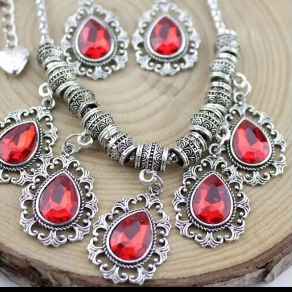 Red Coral Silver Necklace Earrings Set